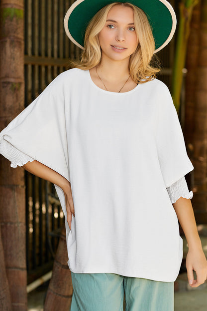 Apricot Solid Casual Smocked Cuffs Batwing Sleeve Blouse - Cowaa