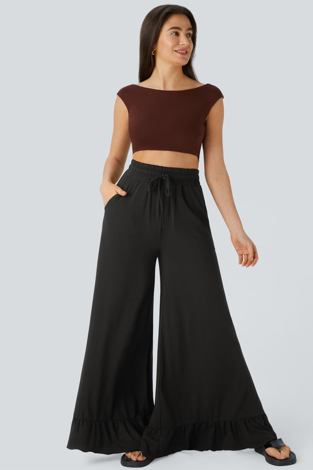 Dune Solid Color Ruffle Hem Wide Leg Pants - Cowaa