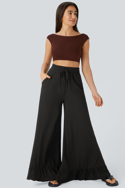 Dune Solid Color Ruffle Hem Wide Leg Pants - Cowaa