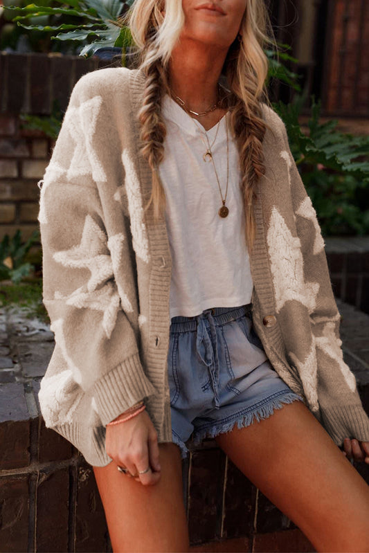 Khaki Star Pattern Pockets Button Front Cardigan - Cowaa