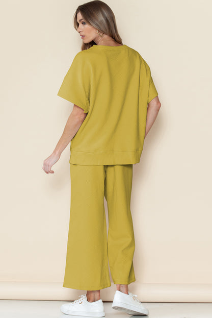 Navy Blue Textured Loose Fit T Shirt and Drawstring Pants Set - Cowaa