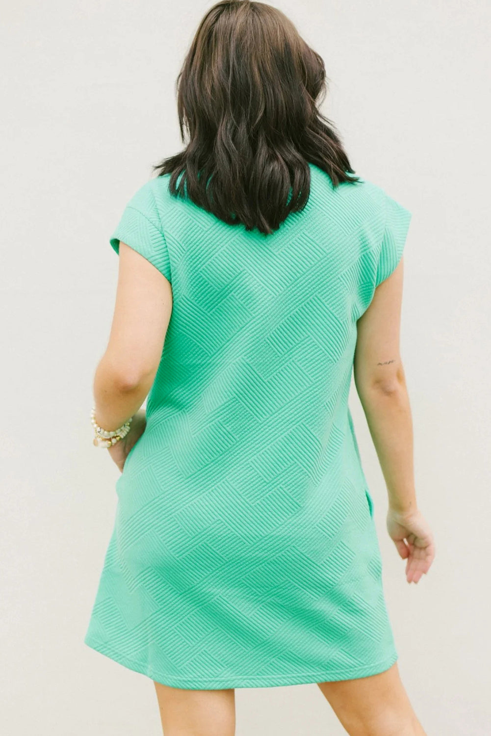 Mint Green Plain Textured Pocketed Mini Dress - Cowaa