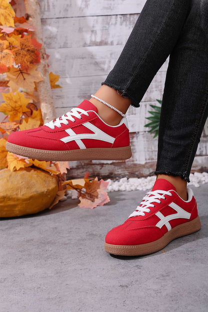 Racing Red Faux Suede Contrast Patchwork Detail Lace Up Flat Sneakers - Cowaa