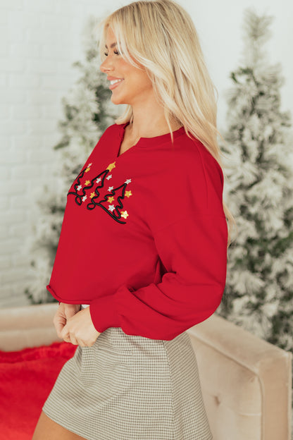 Tomato Red Christmas Tree Embroidered Notched Neck Cropped Sweatshirt