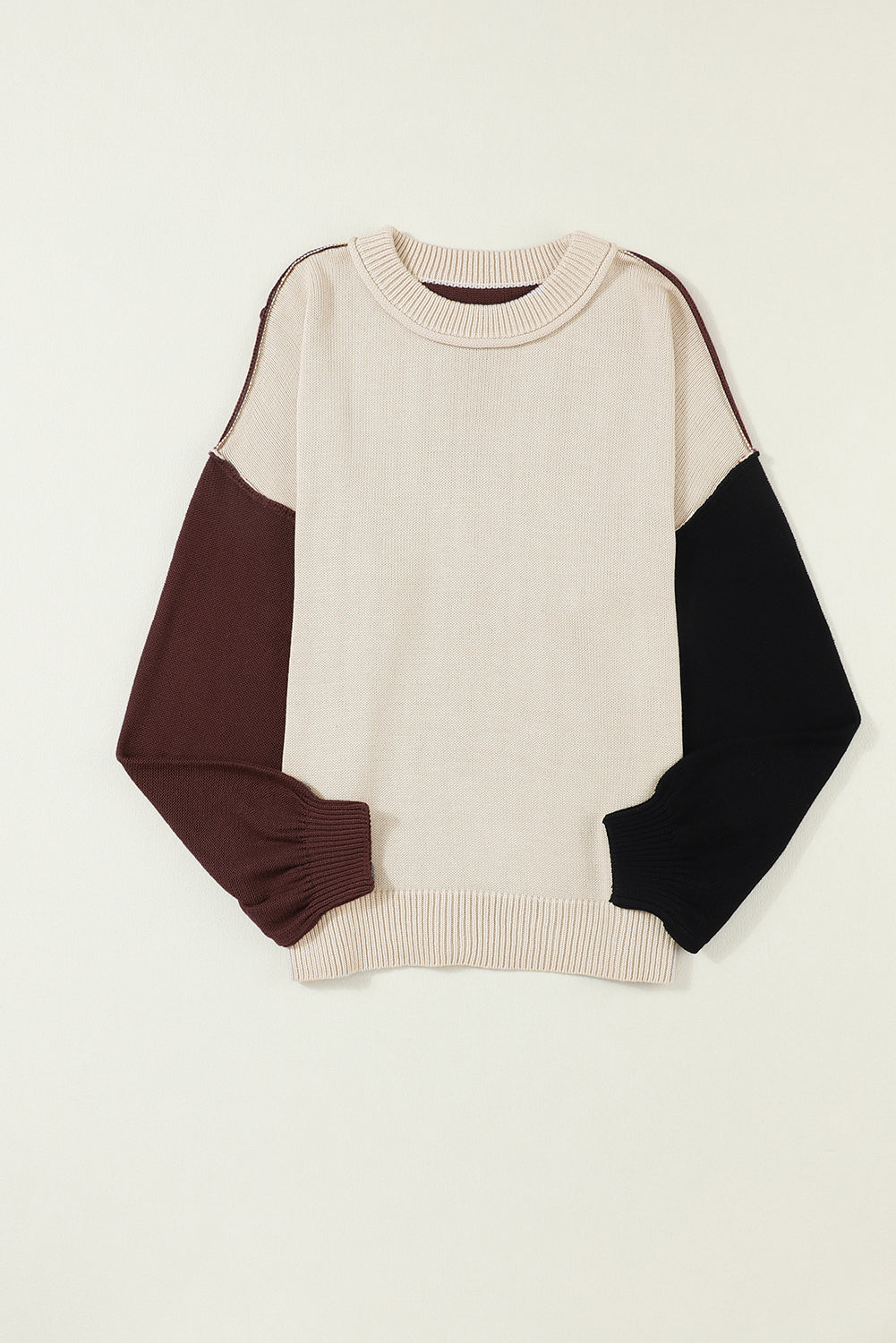 Bishop Sleeve Exposed Seam Ribbed Trim Sweater - Cowaa