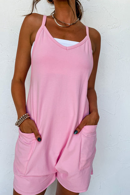 Pink Spaghetti Straps V Neck Pocketed Romper - Cowaa