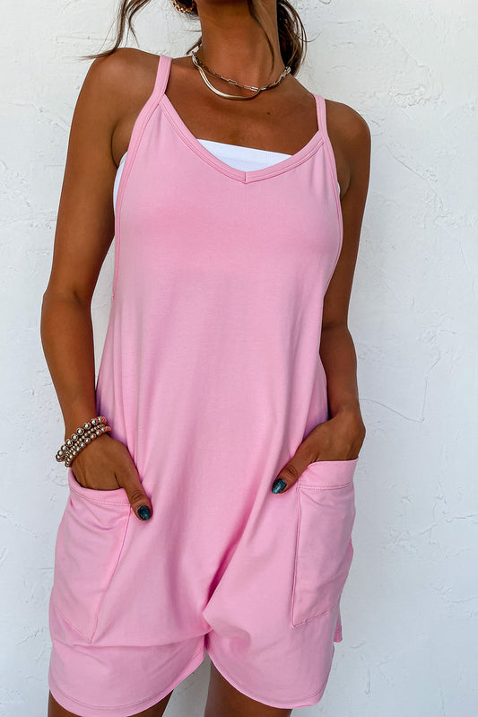 Pink Spaghetti Straps V Neck Pocketed Romper - Cowaa