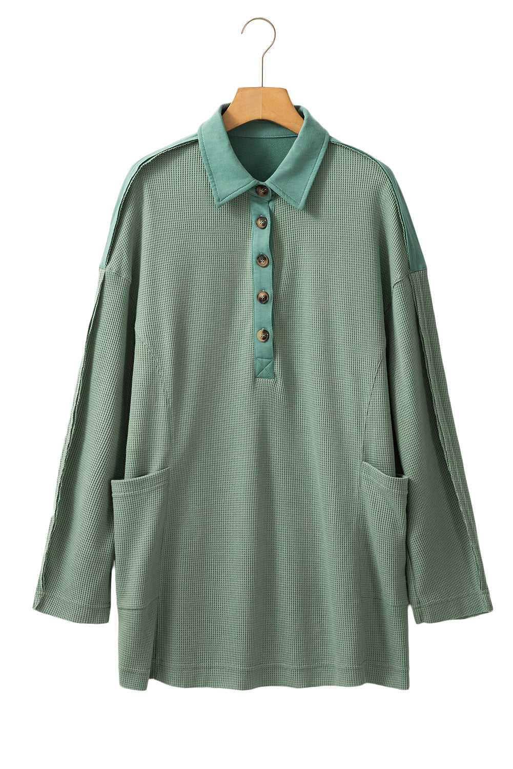 Pink Waffle Patchwork Drop Sleeve Henley Top - Cowaa