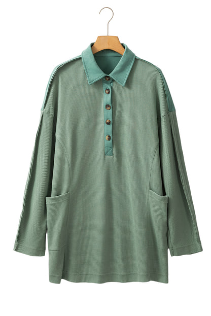 Pink Waffle Patchwork Drop Sleeve Henley Top - Cowaa