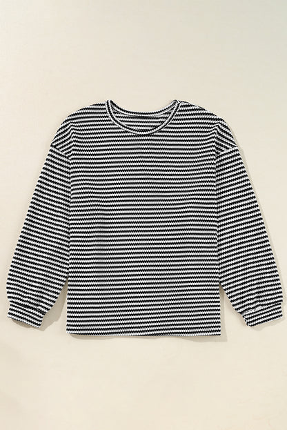 Black Stripe Drop Shoulder Puff Long Sleeve O Neck Plus Size T Shirt - Cowaa