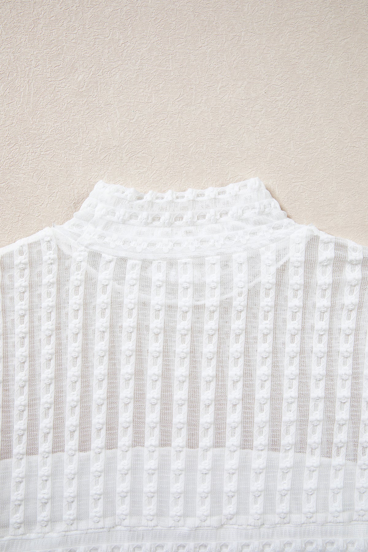 Beige Textured Sheer Lace High Neck Long Sleeve Top