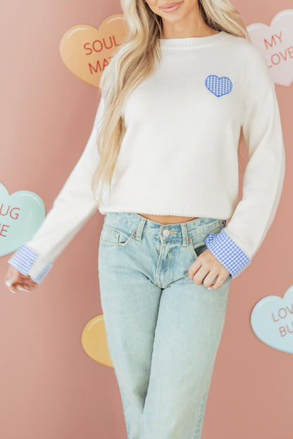 White Plaid Heart Embroidered Cuffed Drop Shoulder Crew Neck Sweater