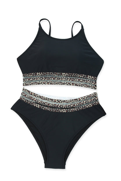 Black Leopard Print Spaghetti Strap Padded Wireless Two Piece Swimsuit - Cowaa