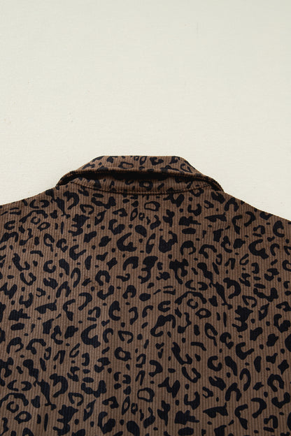 Brown Leopard Print Quarter Zip Corduroy Sweatshirt