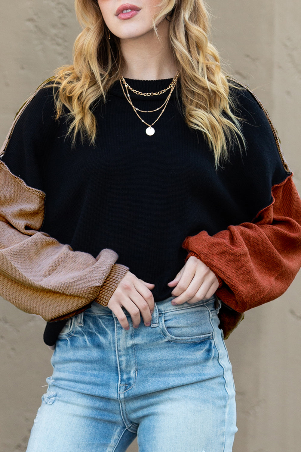 Bishop Sleeve Exposed Seam Ribbed Trim Sweater - Cowaa