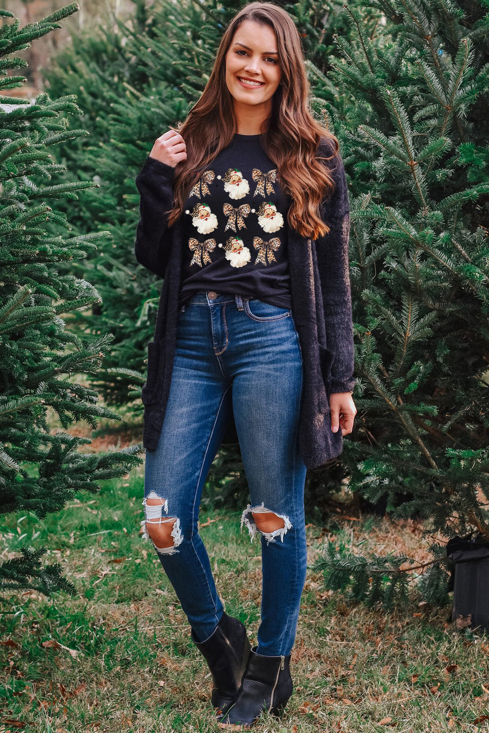 Black Santa Claus Leopard Bow Heat Transfer Printing Crew Neck Casual T Shirt - Cowaa