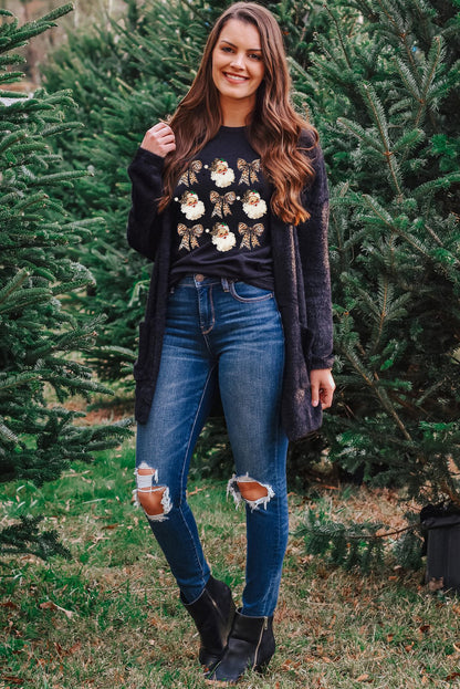 Black Santa Claus Leopard Bow Heat Transfer Printing Crew Neck Casual T Shirt - Cowaa