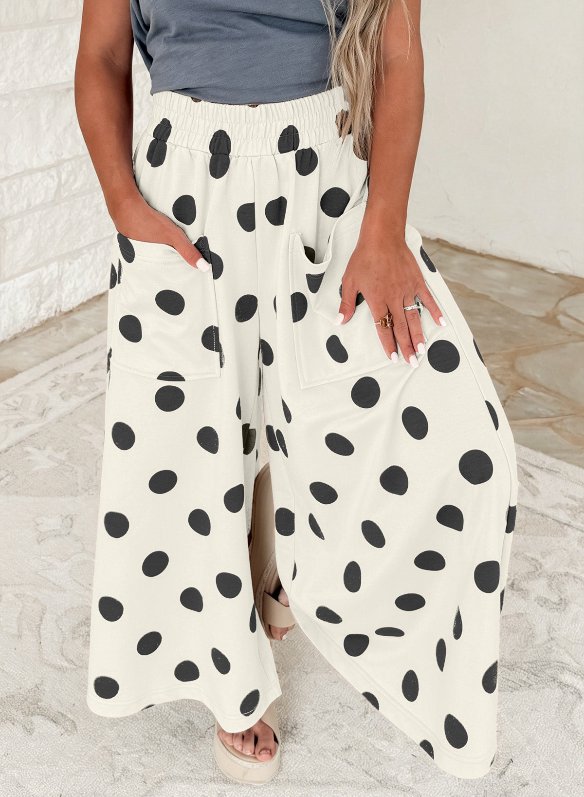 Khaki Polka Dot Wide Leg Elastic Waist Casual Pants