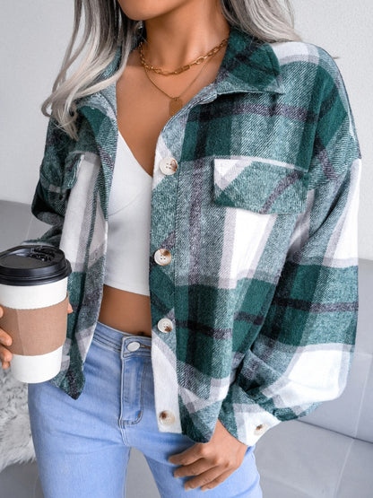 Plaid Collared Neck Long Sleeve Jacket - Cowaa