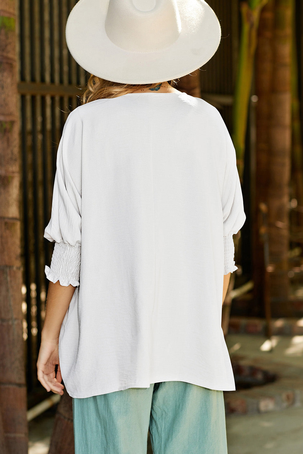 Apricot Solid Casual Smocked Cuffs Batwing Sleeve Blouse - Cowaa