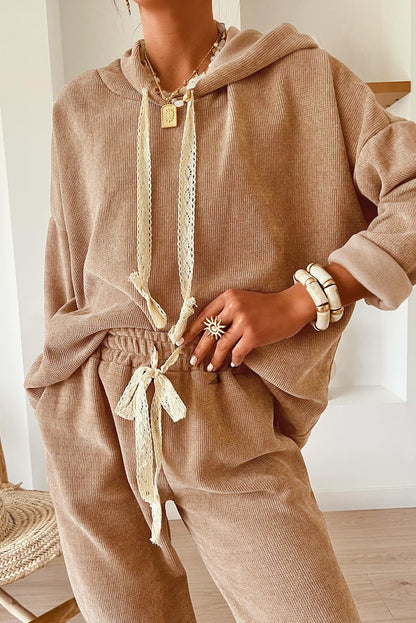 Rose Tan Drawstring Pullover Hoodie and High Waist Pants Corduroy Suit
