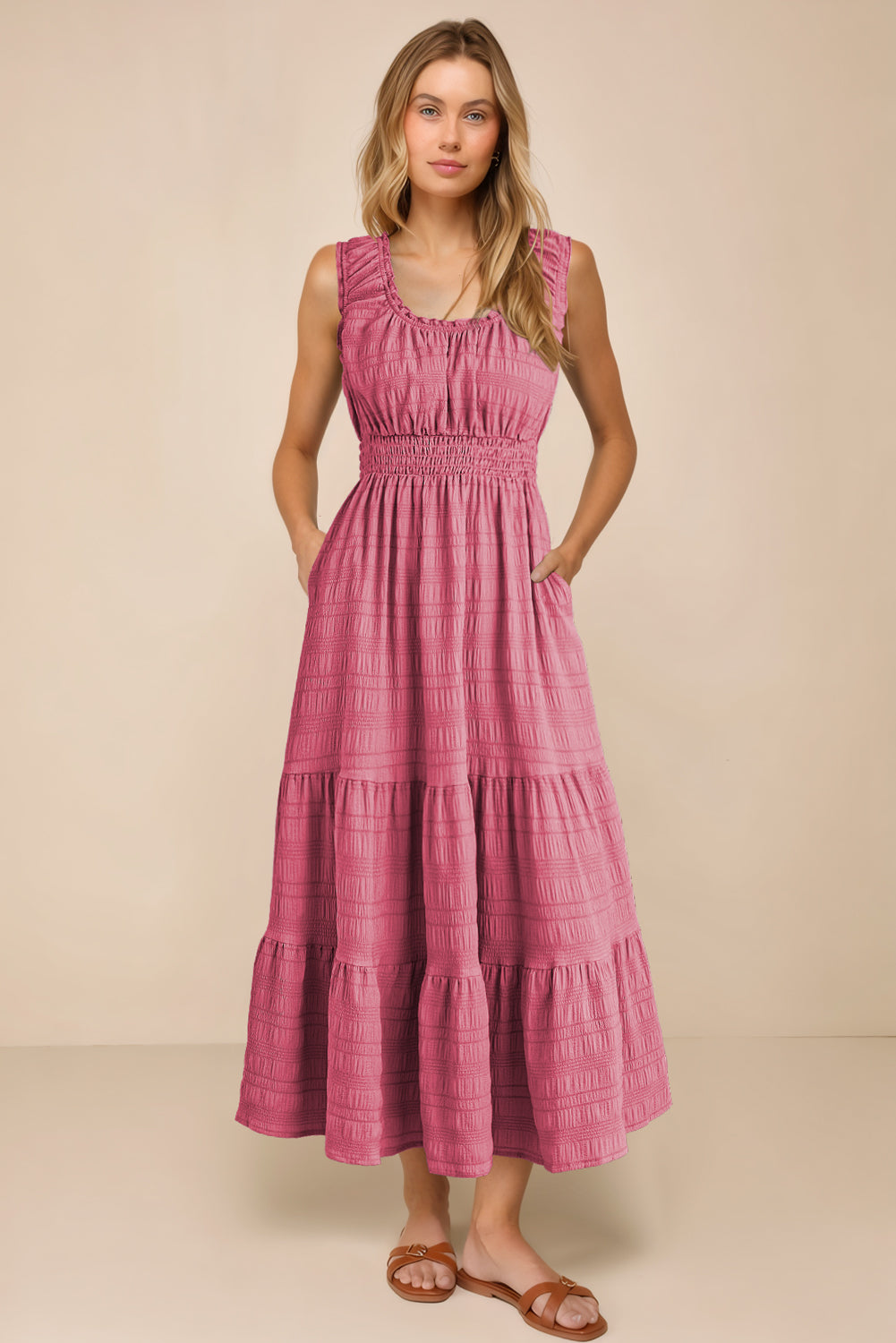 Rose Shirred Pleated Square Neck Sleeveless Midi Dress - Cowaa