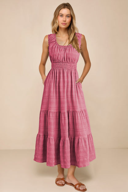 Rose Shirred Pleated Square Neck Sleeveless Midi Dress - Cowaa