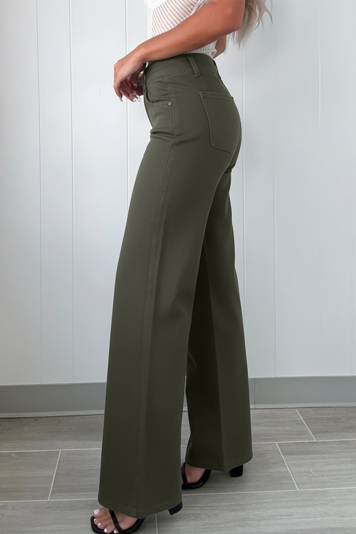 Mist Green 2-Button High Waist Flared Bottom Jeans.