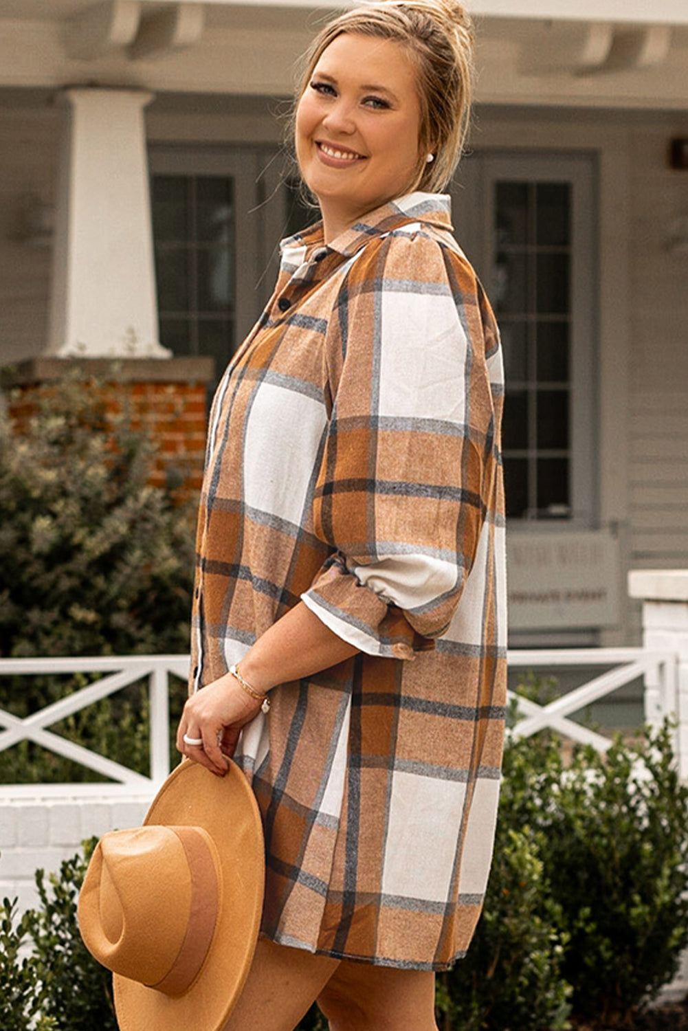 Khaki Plus Size Plaid Flounce Sleeve Button up Shirt Dress - Cowaa