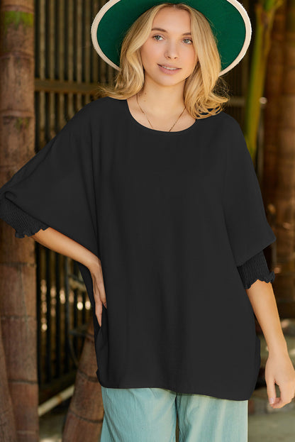 Apricot Solid Casual Smocked Cuffs Batwing Sleeve Blouse - Cowaa