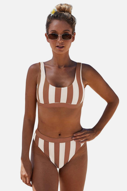 Striped Tank High Waist Bikini - Cowaa