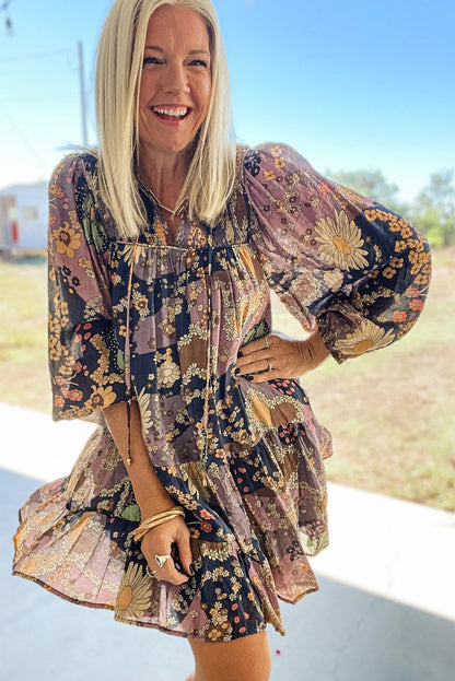 Purple Boho Floral Print Puff Sleeve Flowy Mini Dress - Cowaa