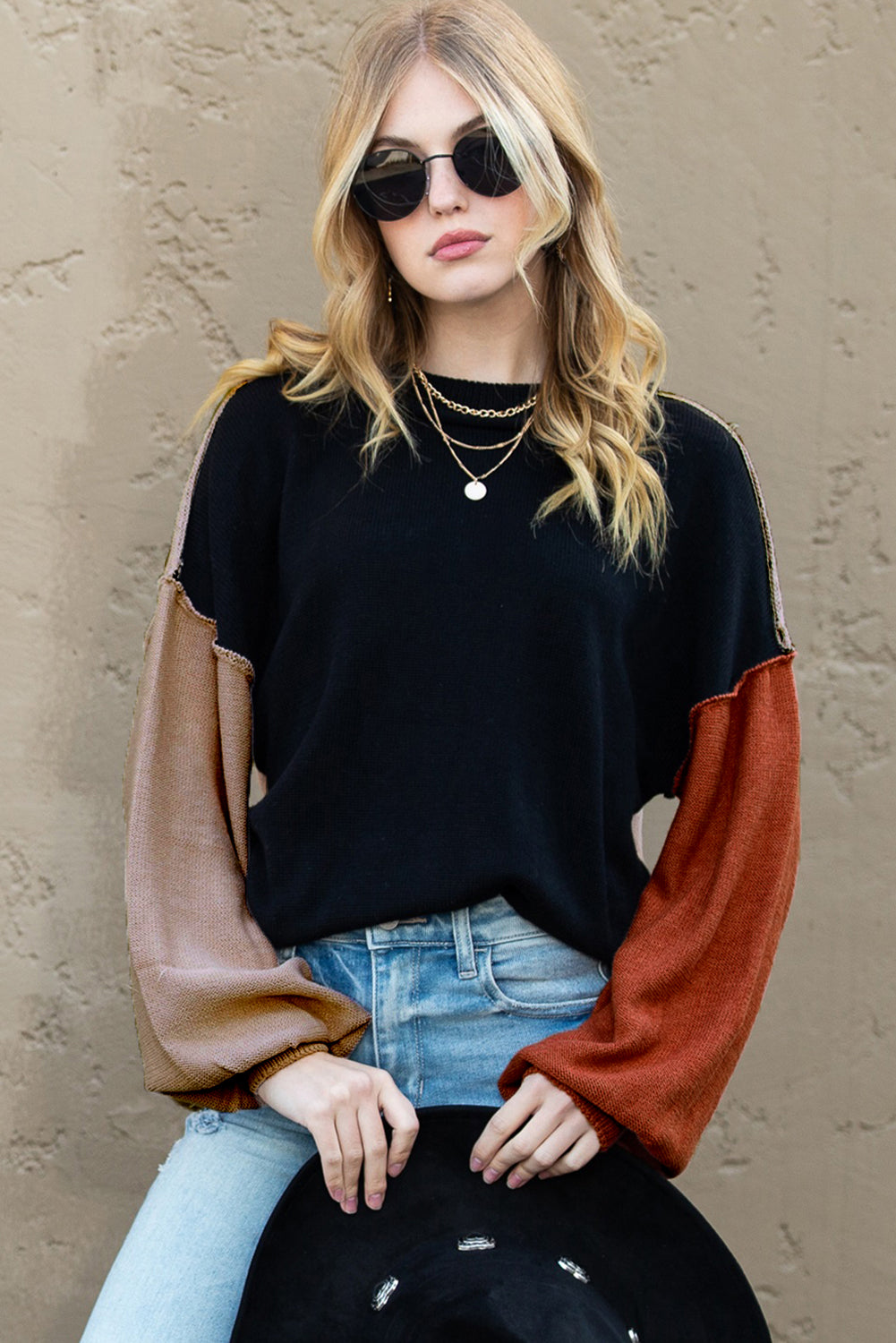 Bishop Sleeve Exposed Seam Ribbed Trim Sweater - Cowaa