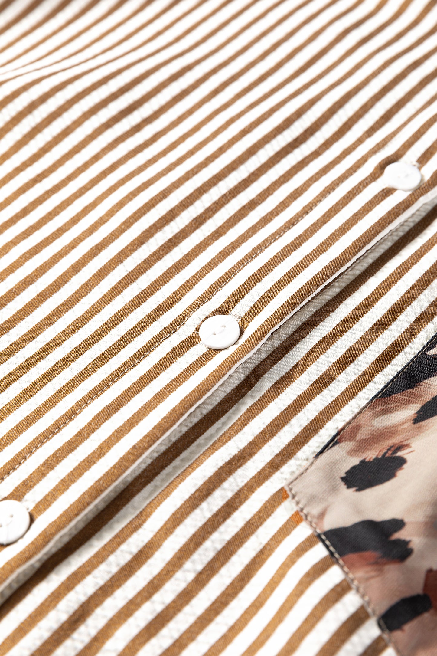 Brown Stripe Leopard Patched Collared Chest Pocket Cuffed Long Sleeve Plus Size Shirt