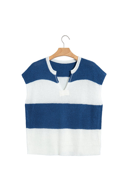 Brown Stripe Striped Colorblock Knit V Neck Short Sleeve Loose Sweater