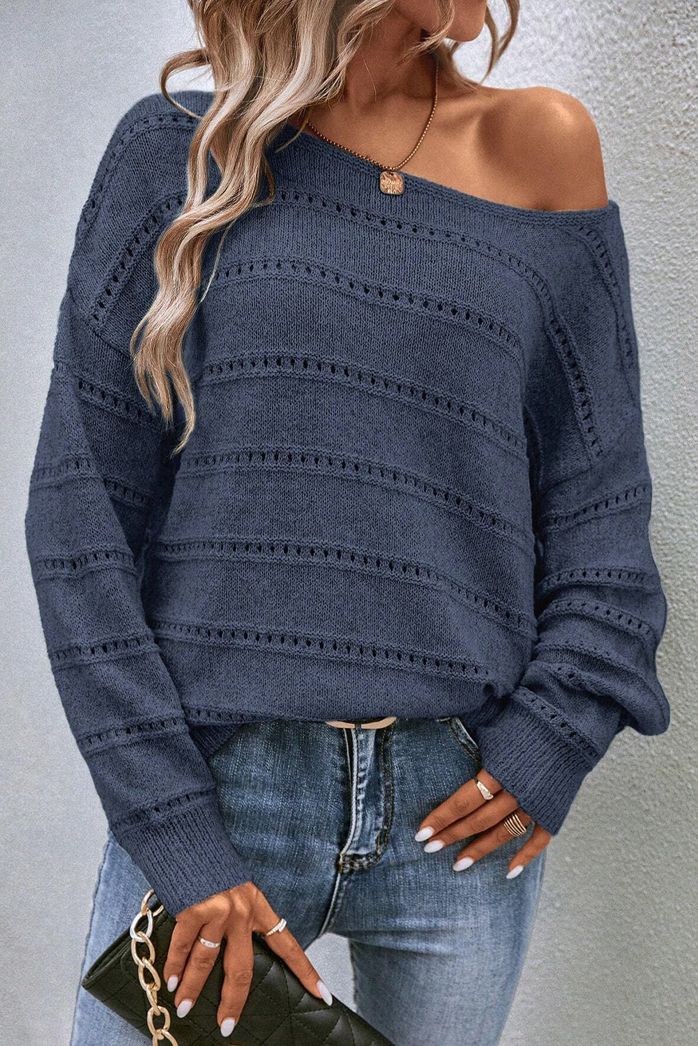 Boat Neck Drop Shoulder Pointelle Knit Sweater - Cowaa