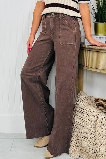 Dark Brown Retro Washed Patch Pocket Wide Leg Loose Jeans
