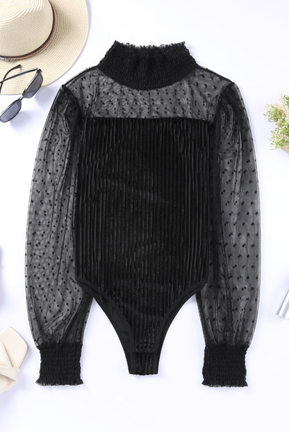 Sheer Dotty Puff Sleeve Ribbed Velvet Bodysuit - Cowaa