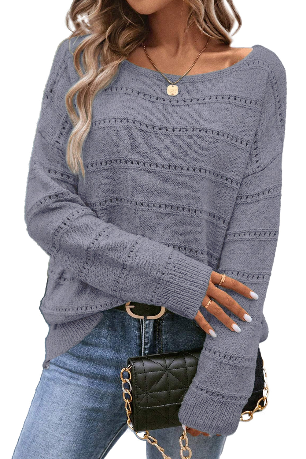 Boat Neck Drop Shoulder Pointelle Knit Sweater - Cowaa