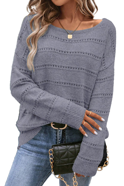 Boat Neck Drop Shoulder Pointelle Knit Sweater - Cowaa