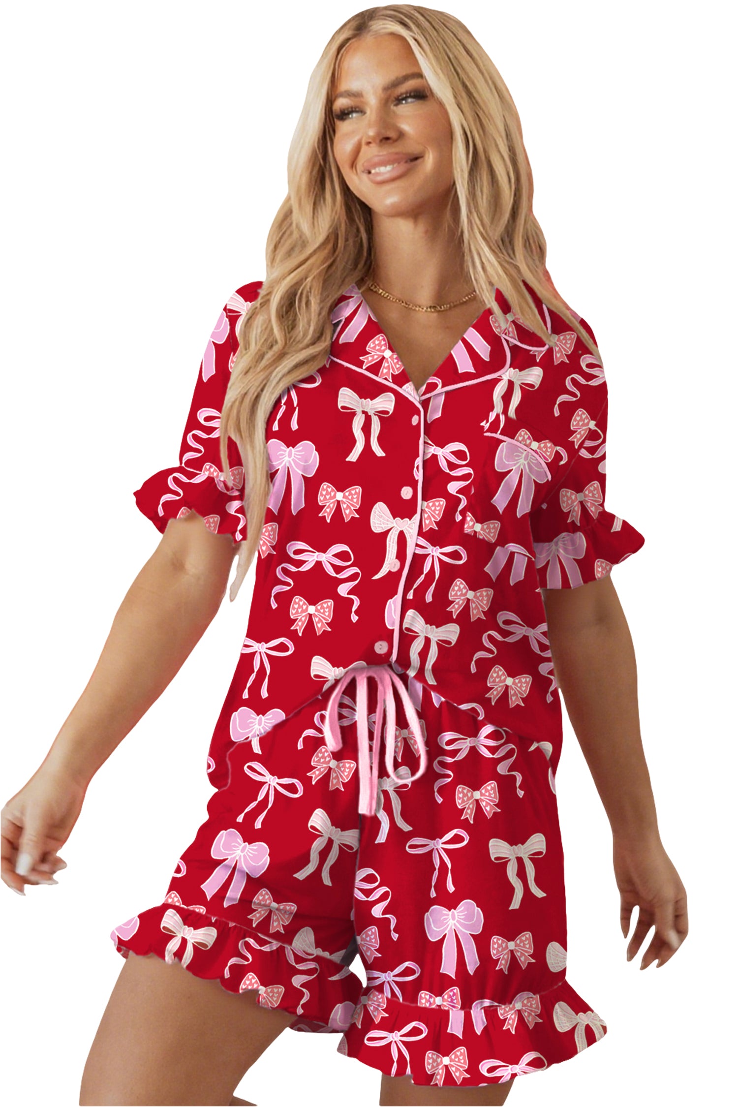 Red Sweet Bow Print Ruffled Short Sleeve Shirt Shorts 2pcs Pajama Set - Cowaa