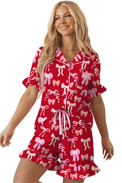 Red Sweet Bow Print Ruffled Short Sleeve Shirt Shorts 2pcs Pajama Set - Cowaa