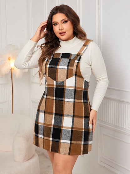 Plus Size Plaid Wide Strap Overall Dress - Cowaa