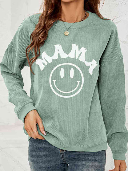 Round Neck Long Sleeve MAMA Graphic Sweatshirt - Cowaa