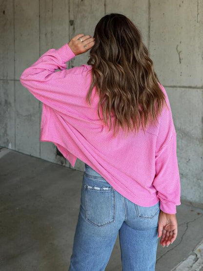 Ribbed Collared Neck Button Up Jacket - Cowaa