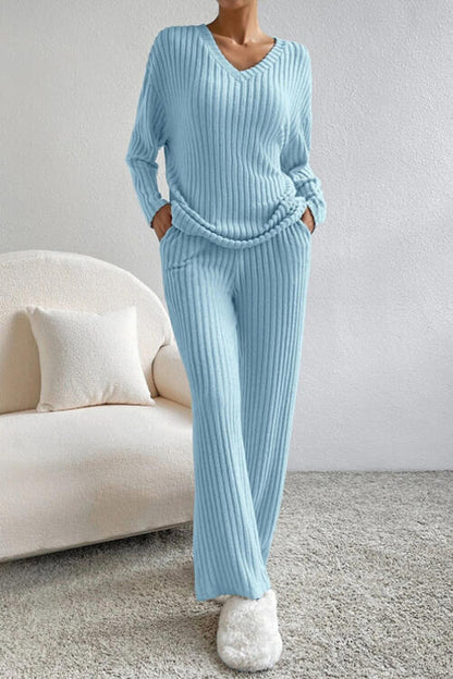 Ribbed V-Neck Top and Pants Set - Cowaa