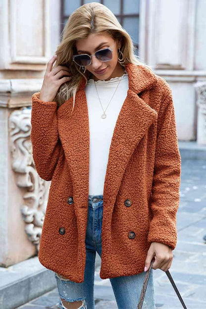 Full Size Lapel Collar Sherpa Coat - Cowaa