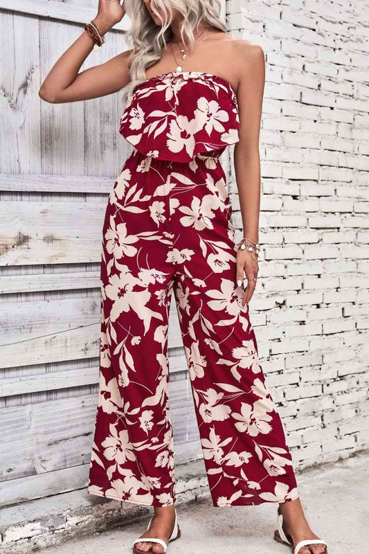 Floral Strapless Wide Leg Jumpsuit - Cowaa