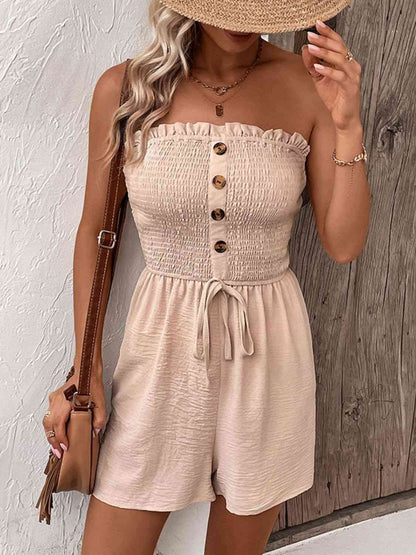 Decorative Button Smocked Strapless Romper - Cowaa
