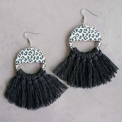 Tassel Detail Leopard Drop Earrings - Cowaa
